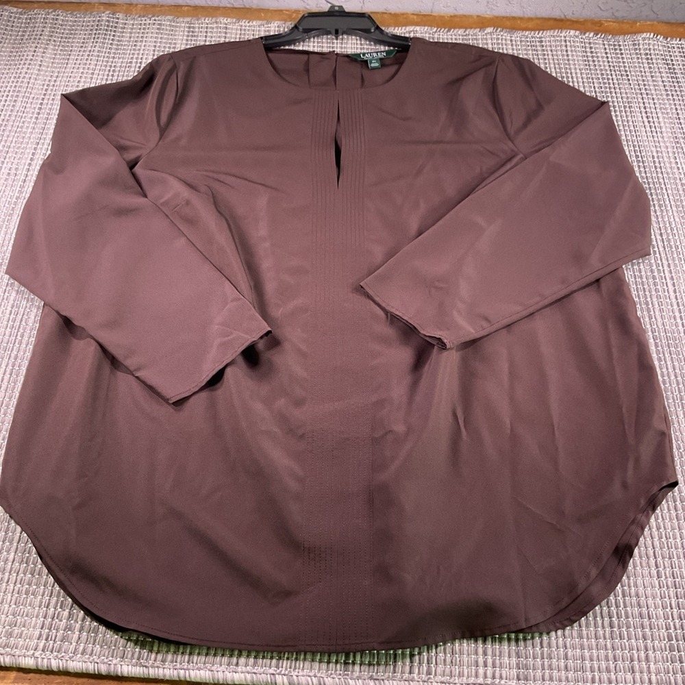 Lauren Ralph Lauren Brown Pintuck Keyhole Blouse Plus Size 2X Long Sleeve Top